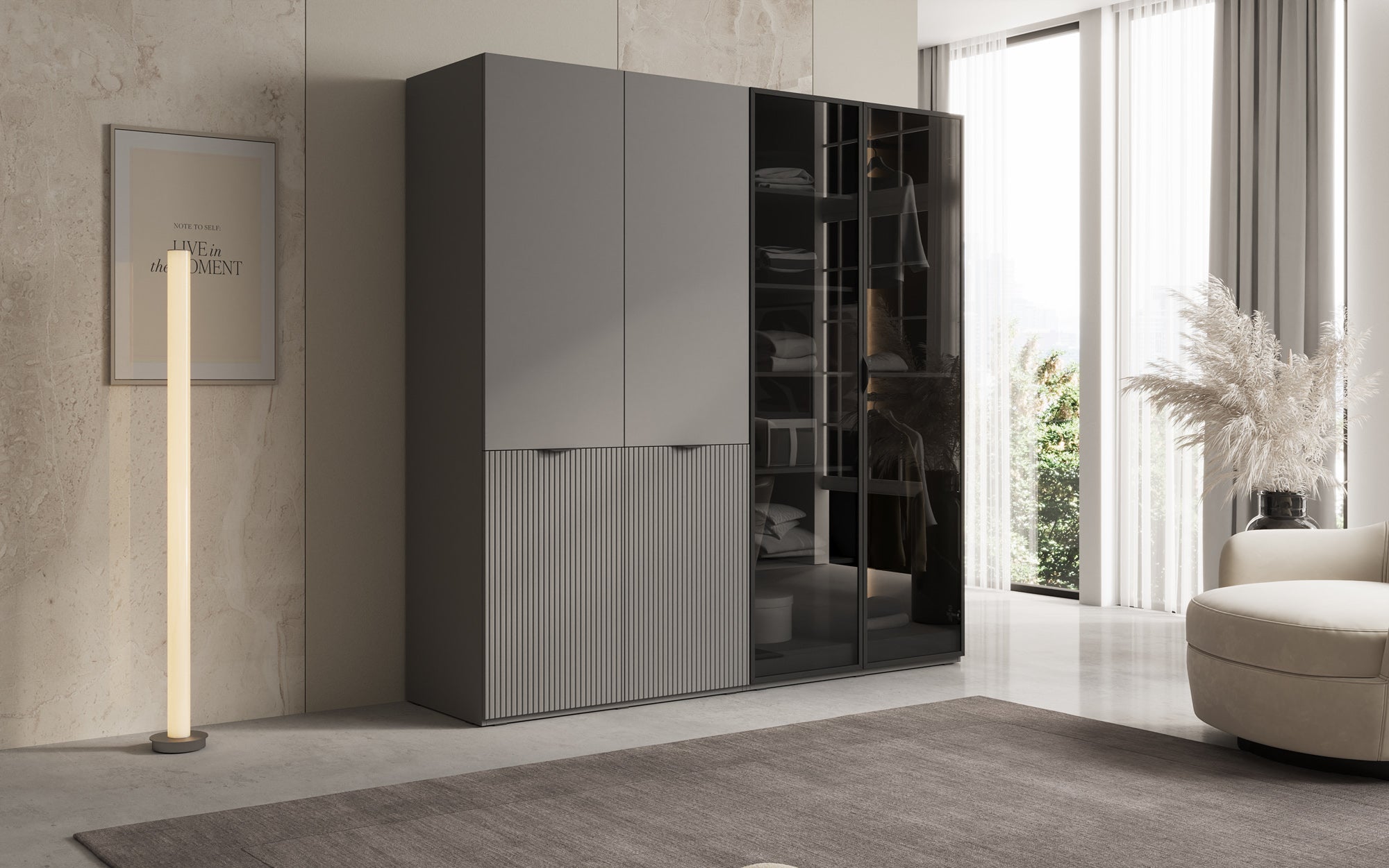 Modulo Nero – Modularen Kleederschaf mat Glas- a Strukturfront