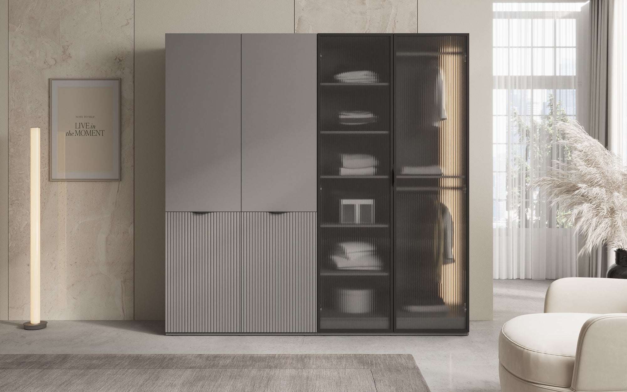 Modulo Ravo – Modularer Kleiderschrank mit geriffelter Glasfront und Strukturpaneel