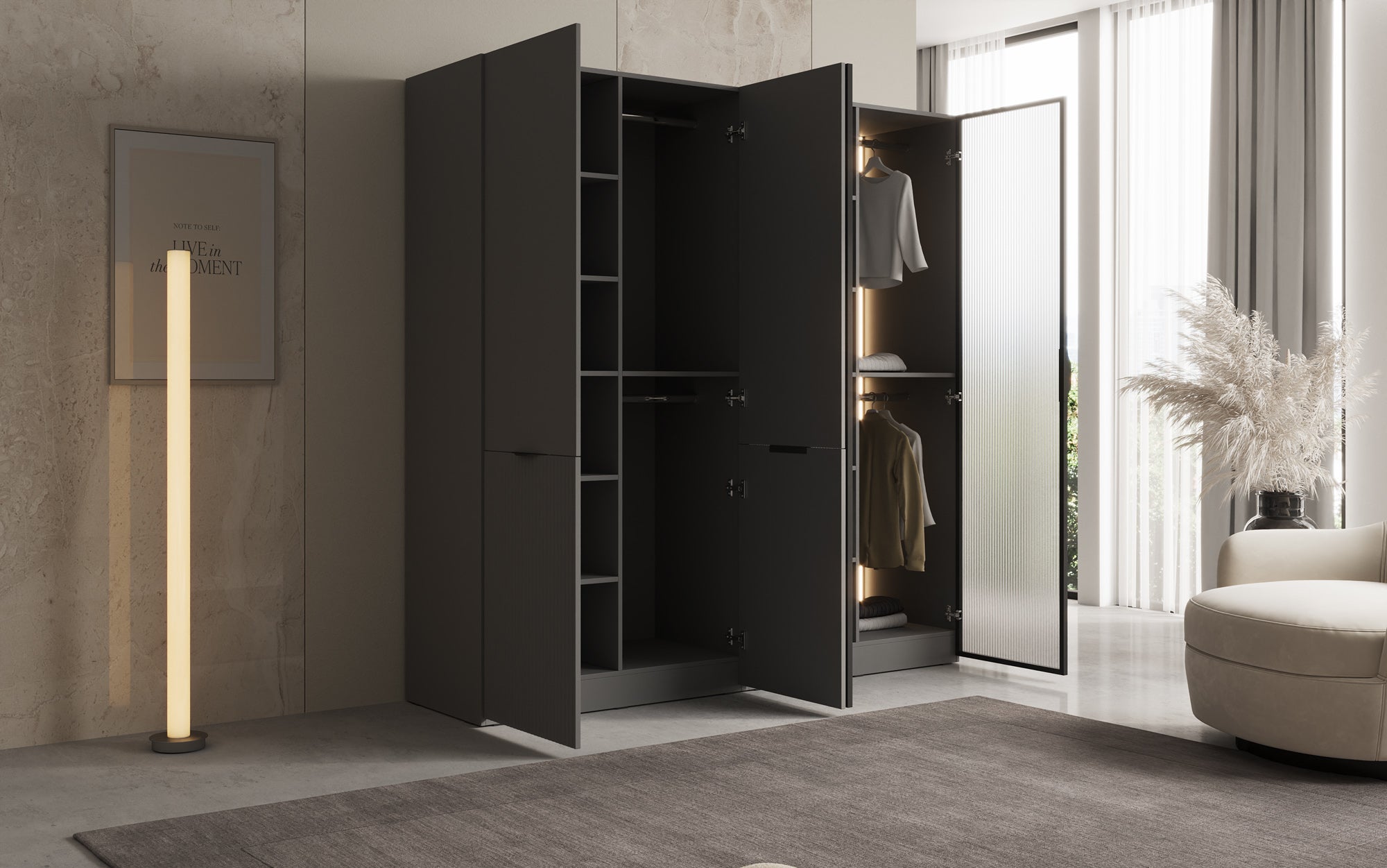 Modulo Ravo – Modularer Kleiderschrank mit geriffelter Glasfront und Strukturpaneel