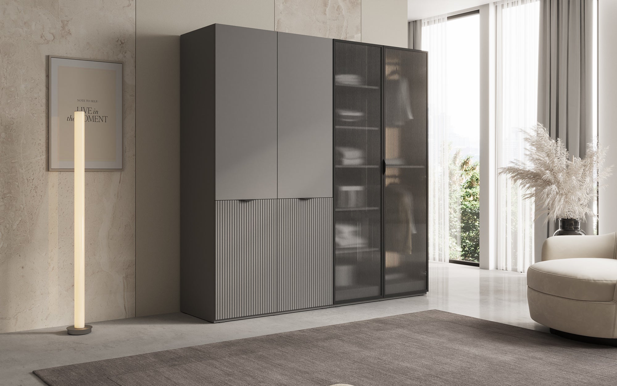 Modulo Ravo – Modularer Kleiderschrank mit geriffelter Glasfront und Strukturpaneel