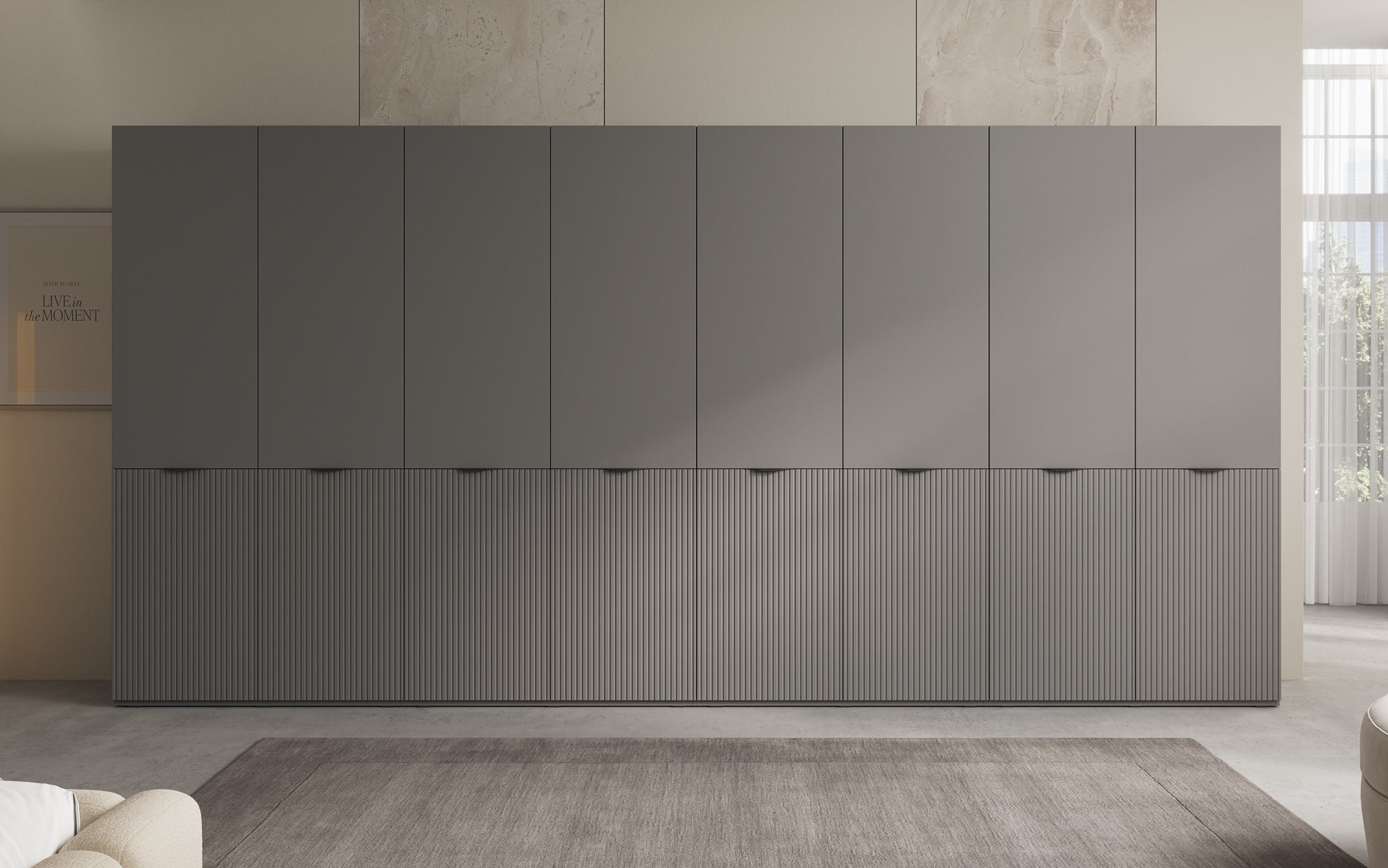 Modulo Faro XL – Véiermodulëge Design-Kleederschaf mat strukturéierter MDF-Front