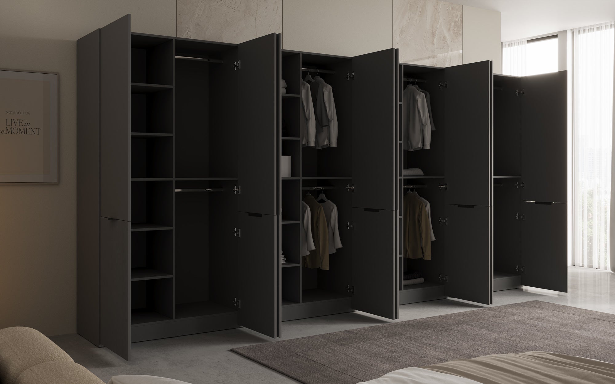 Modulo Faro XL – Véiermodulëge Design-Kleederschaf mat strukturéierter MDF-Front