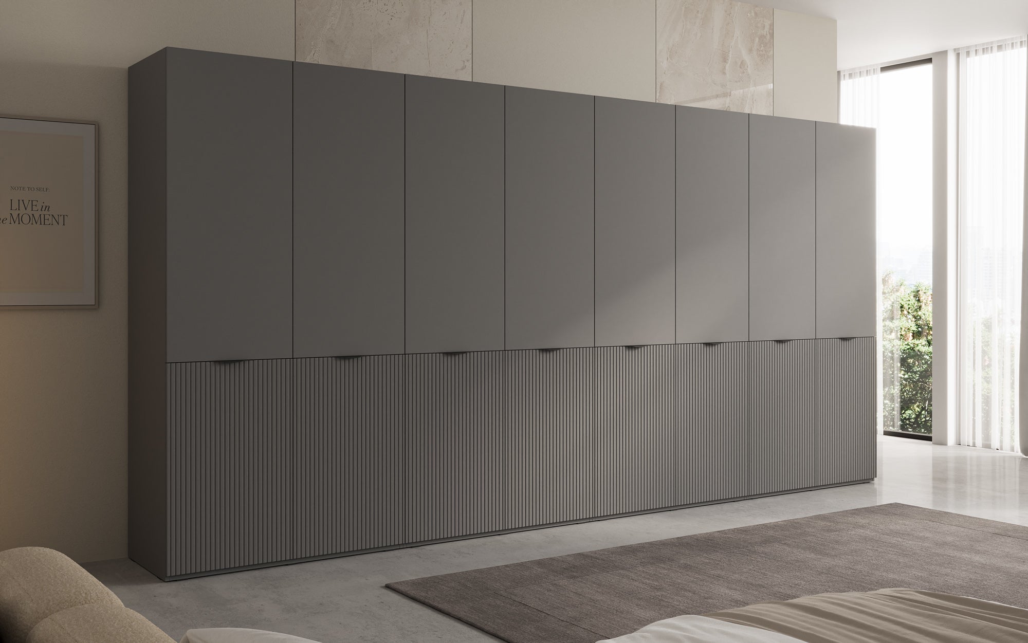 Modulo Faro XL – Véiermodulëge Design-Kleederschaf mat strukturéierter MDF-Front