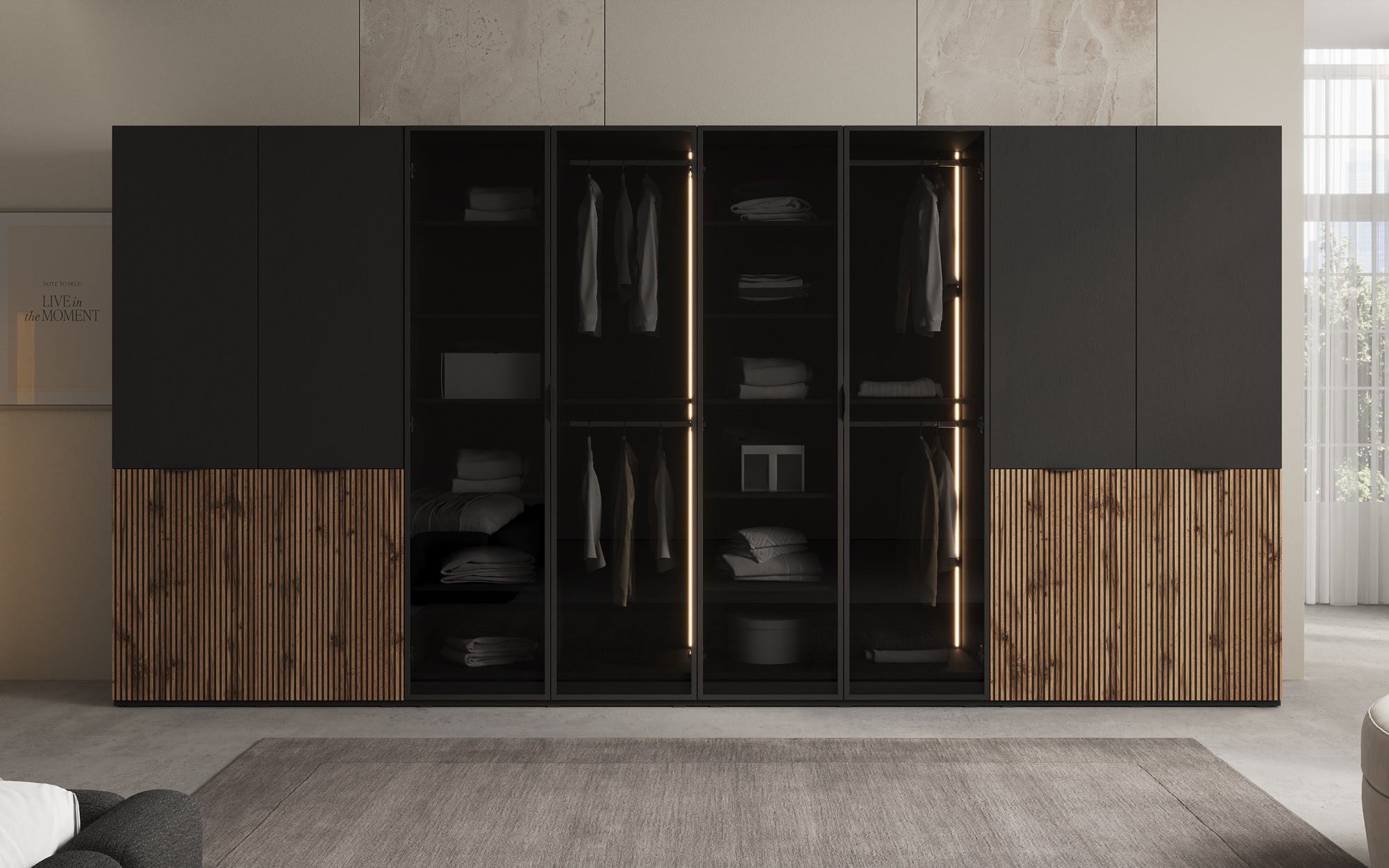 Modulo Arven XL – Véiermodulëge Design-Kleiderschaf mat Holz- a Glasfront