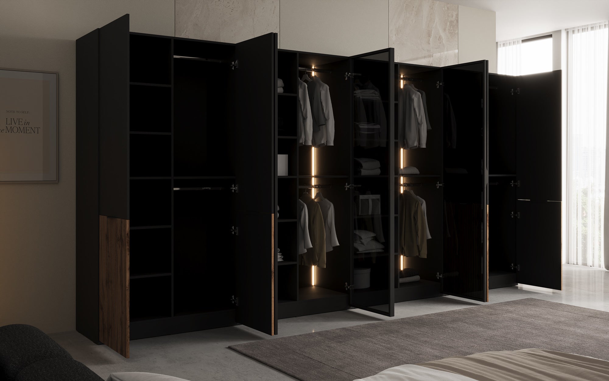 Modulo Arven XL – Véiermodulëge Design-Kleiderschaf mat Holz- a Glasfront