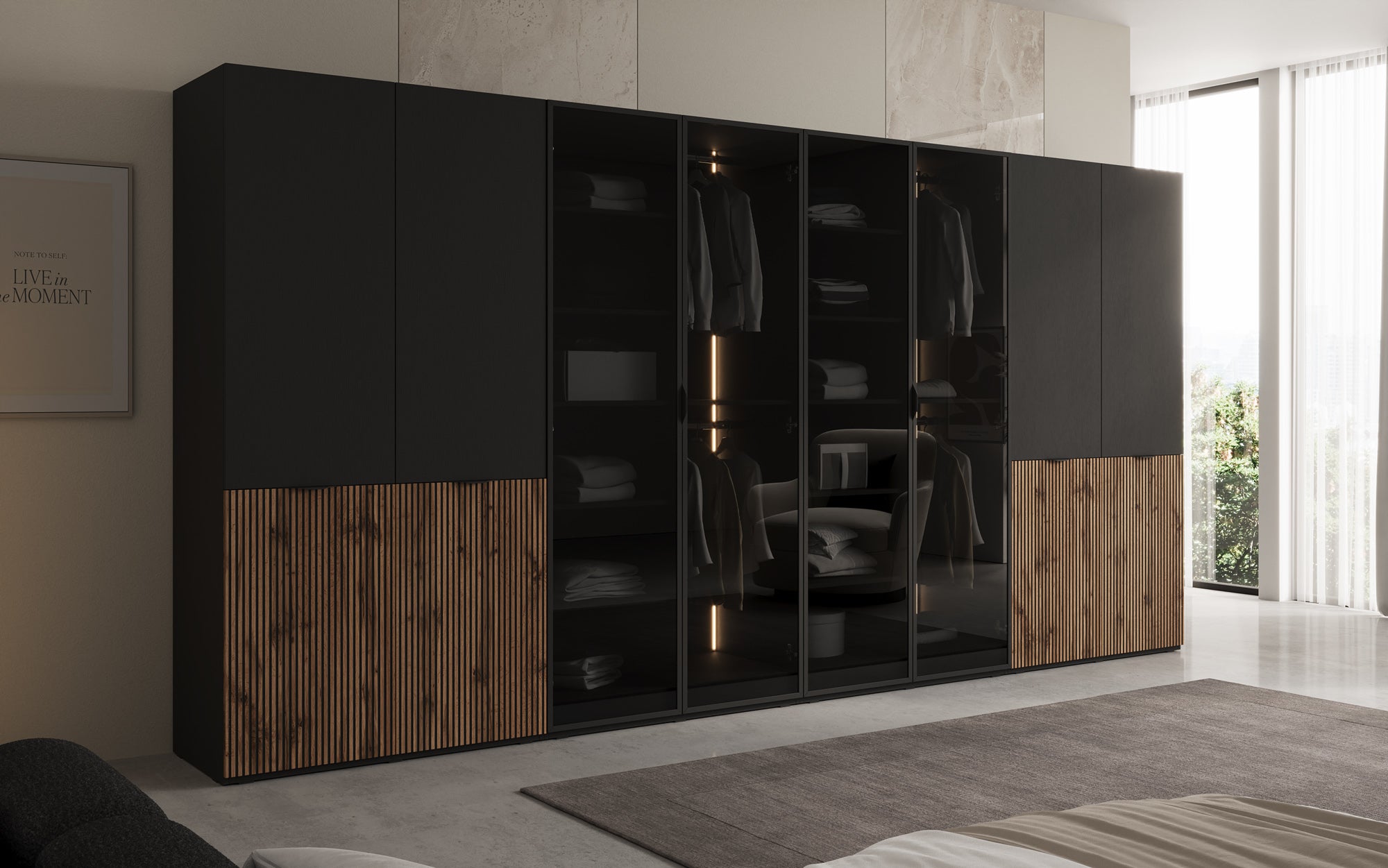 Modulo Arven XL – Viermoduliger Design-Kleiderschrank mit Holz- und Glasfront