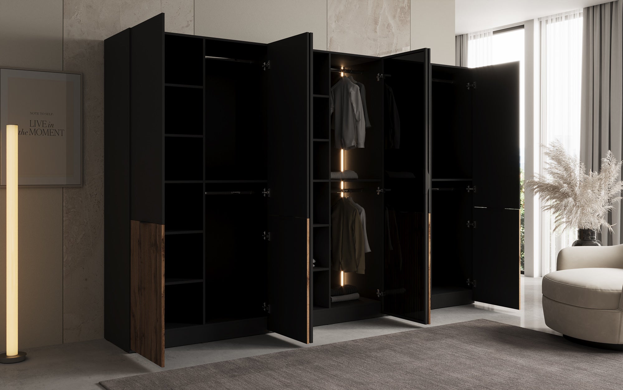 Modulo Serin – Dreimoduliger Design-Kleiderschrank mit Holz- und Strukturglasfront