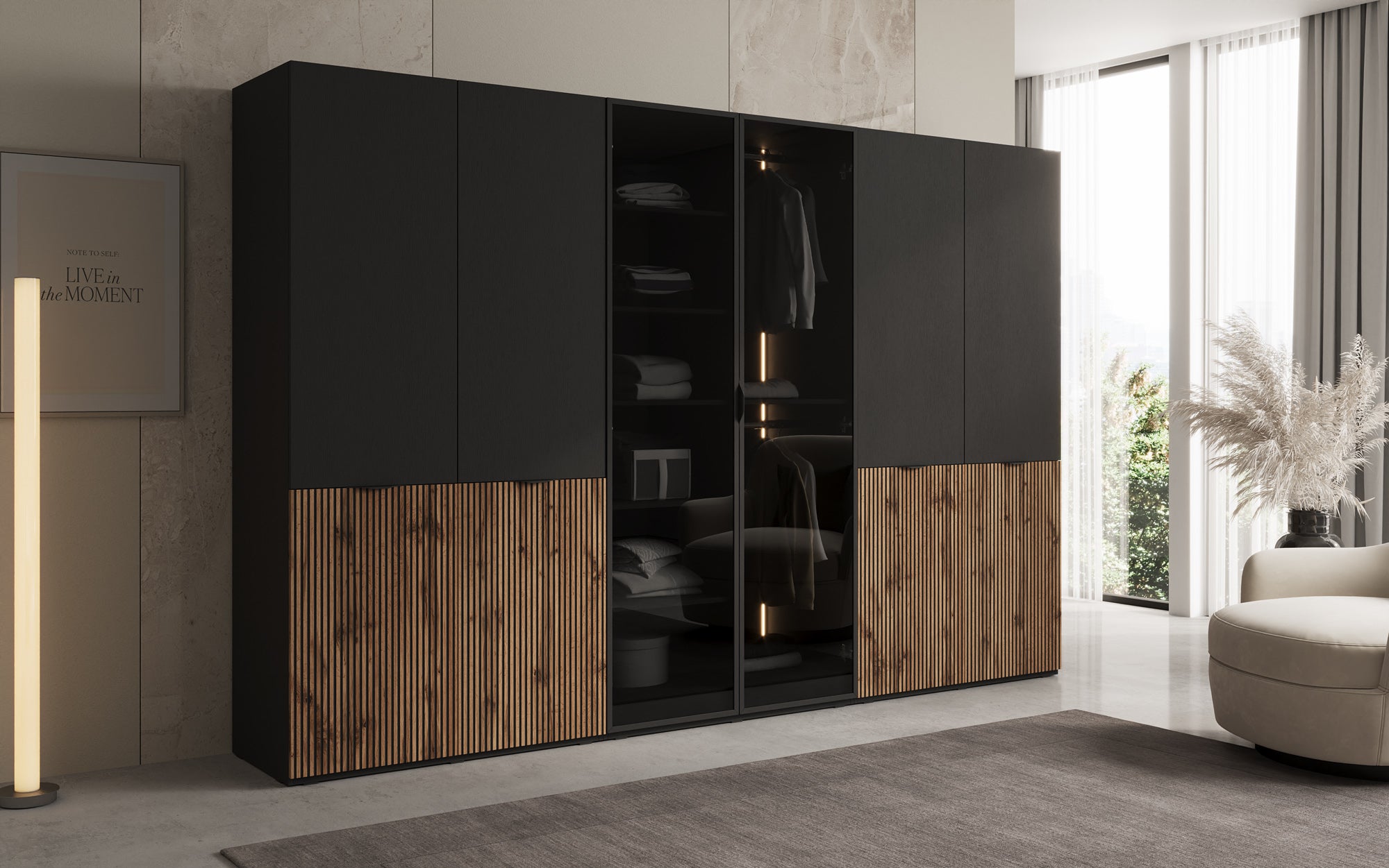 Modulo Arven – Dreimoduliger Design-Kleiderschrank mit Holz- und Glasfront