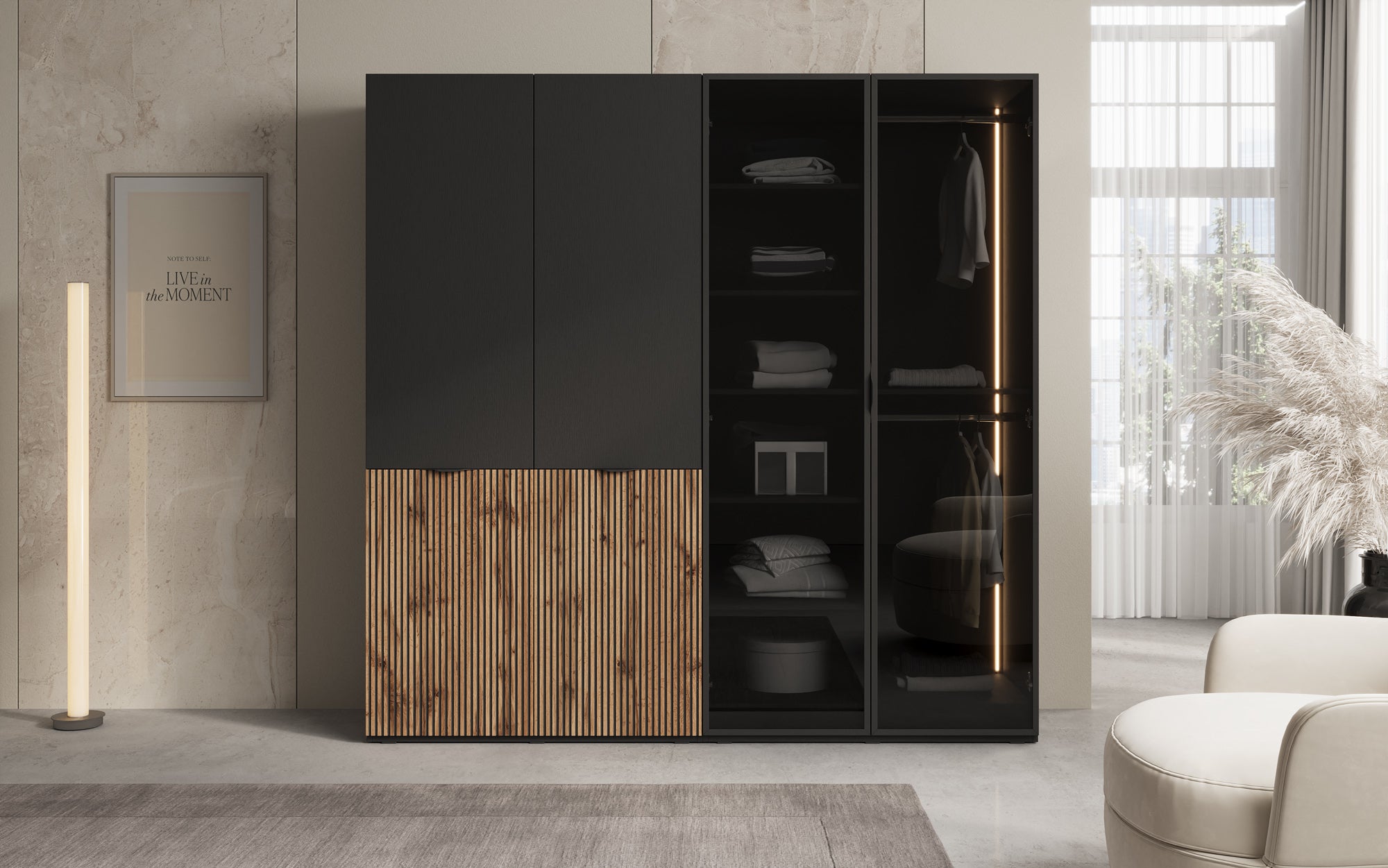 Modulo Varen – Zweimodulige Design-Kleederschaf mat Holz- an Glasfront