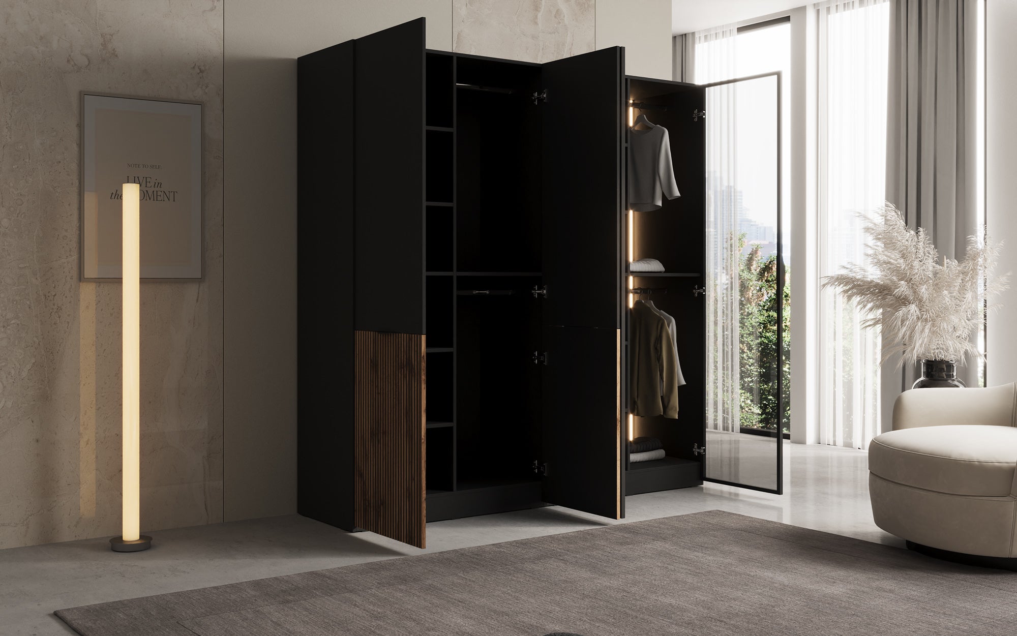 Modulo Varen – Zweimodulige Design-Kleederschaf mat Holz- an Glasfront