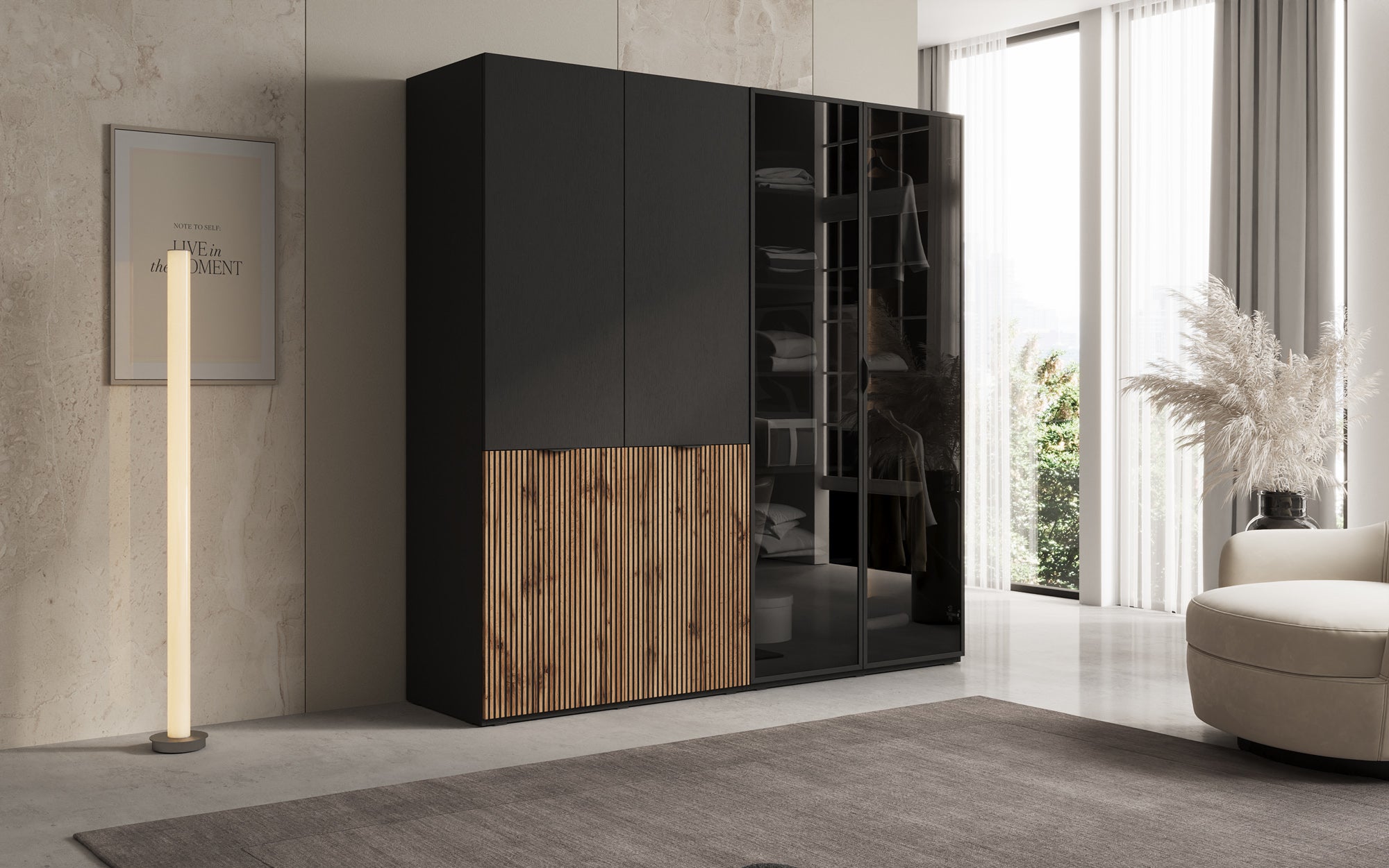 Modulo Varen – Zweimoduliger Design-Kleiderschrank mit Holz- und Glasfront