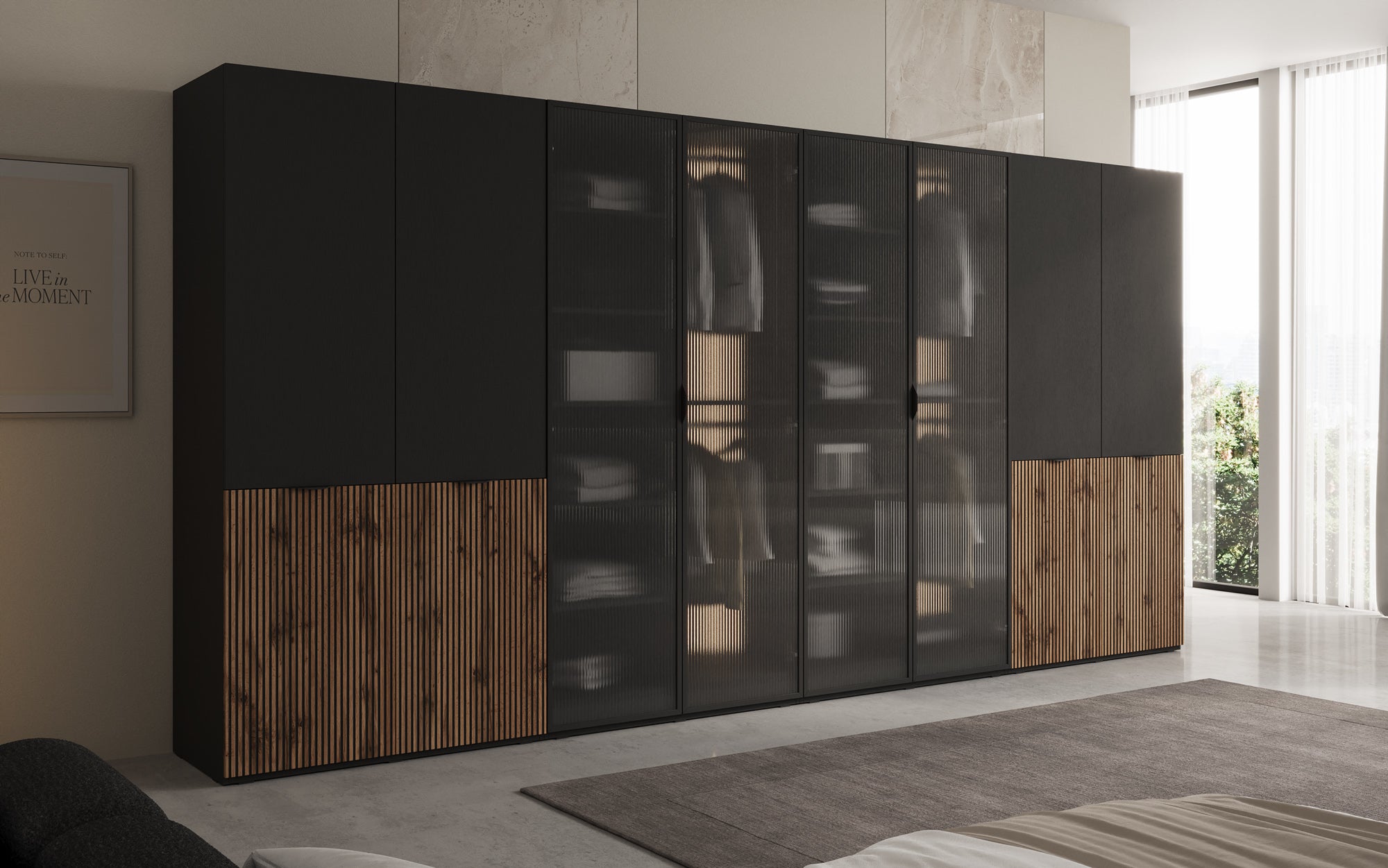 Modulo Kalen – Viermoduliger Design-Kleiderschrank mit Holz- und Strukturglasfron