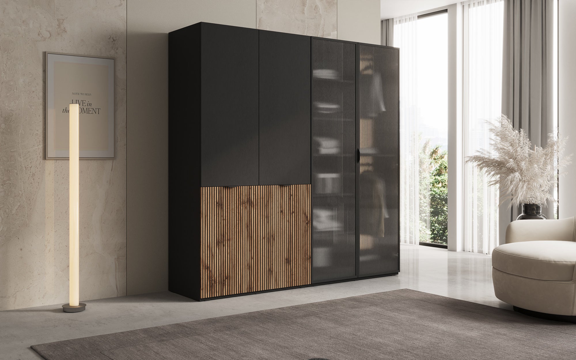 Modulo Ravel – Zweimoduliger Design-Kleiderschrank mit Holz- und Strukturglasfront