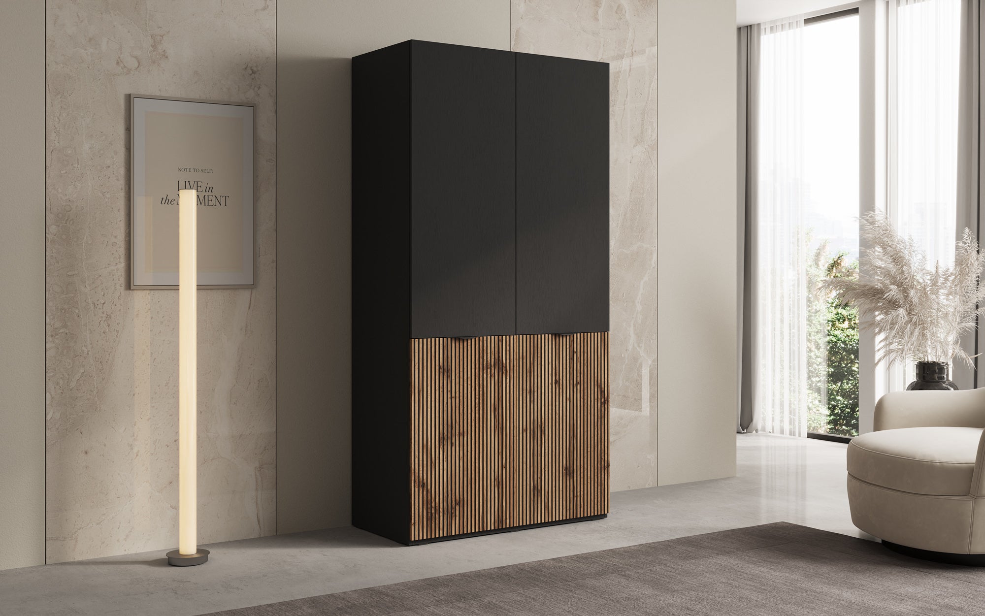 Modulo Naro – Design-Kleiderschrank mit dunklem Korpus und Holzdekor-Front