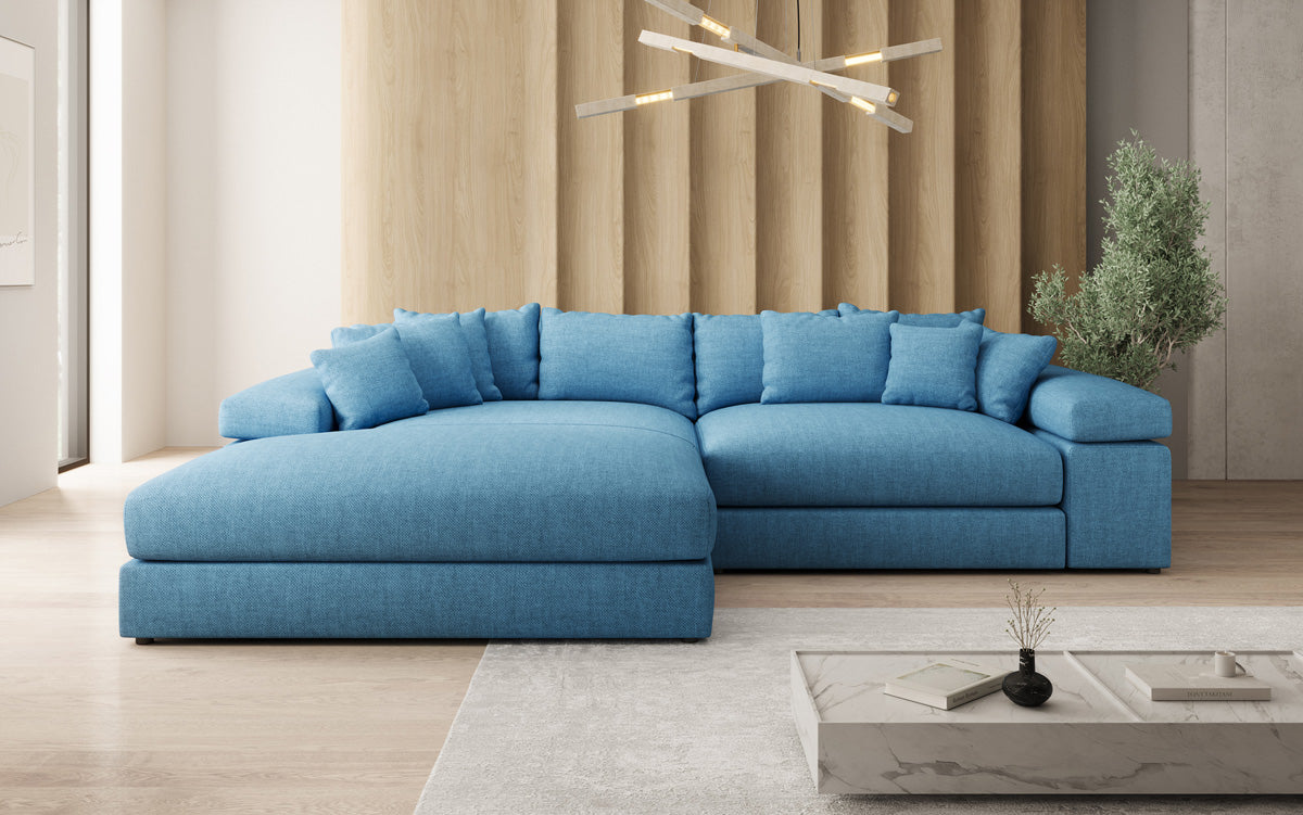 Designer Ecksofa Bernardo mit breiter Ottomane in Leinen-Optik