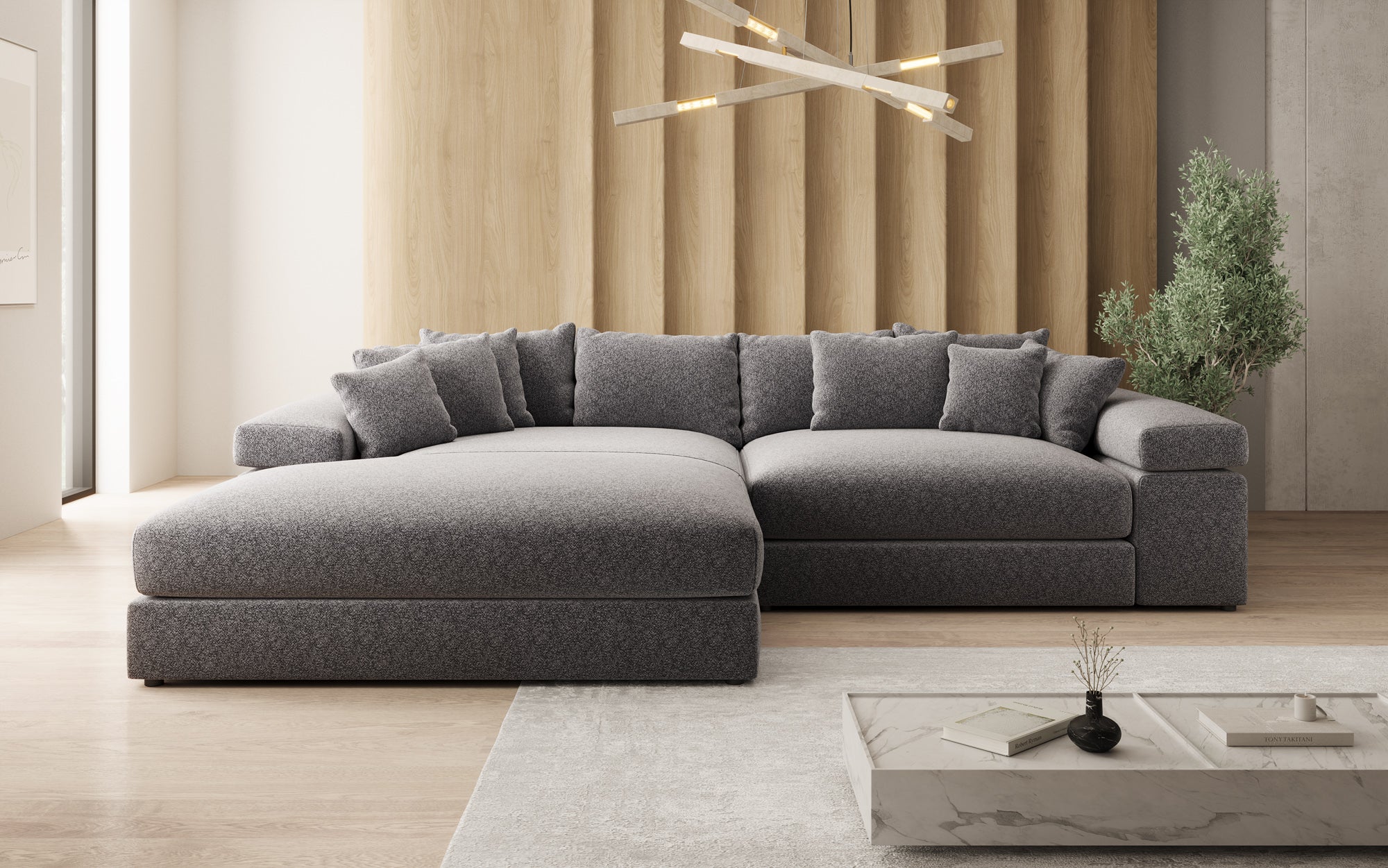 Designer-Sofa Bernardo mat breeder Ottomane aus strukturéiertem Stoff