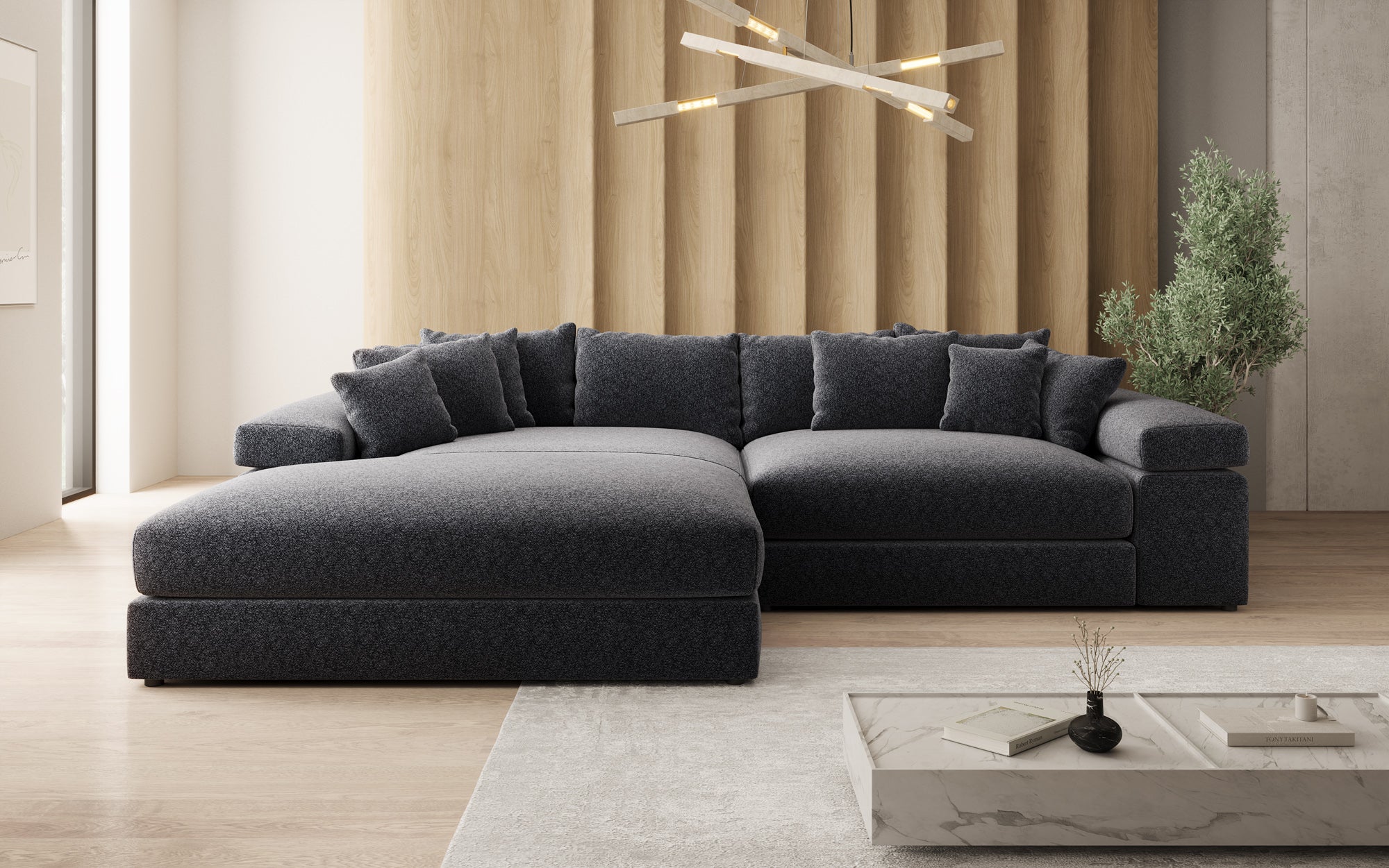 Designer-Sofa Bernardo mat breeder Ottomane aus strukturéiertem Stoff