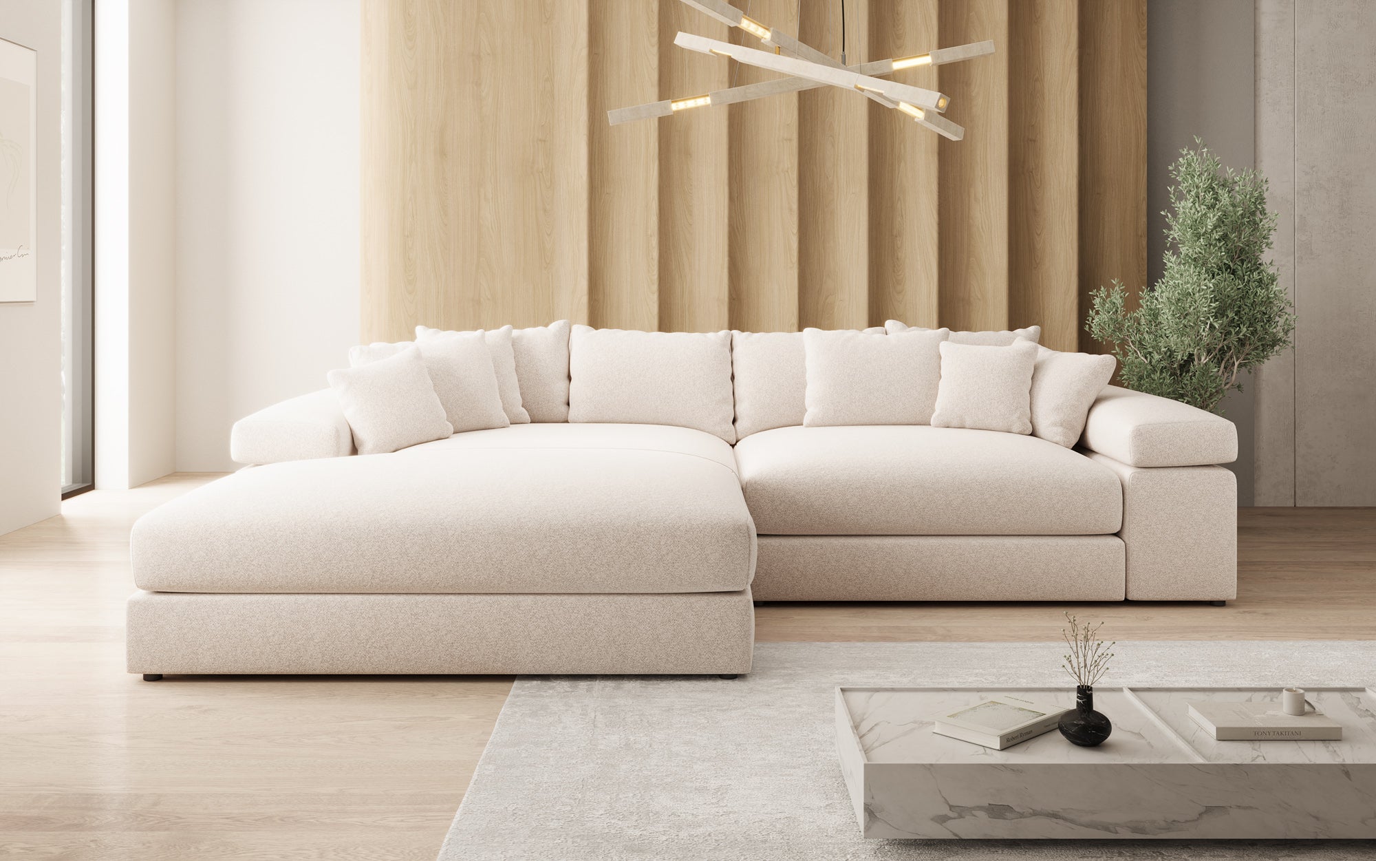 Designer-Sofa Bernardo mat breeder Ottomane aus strukturéiertem Stoff