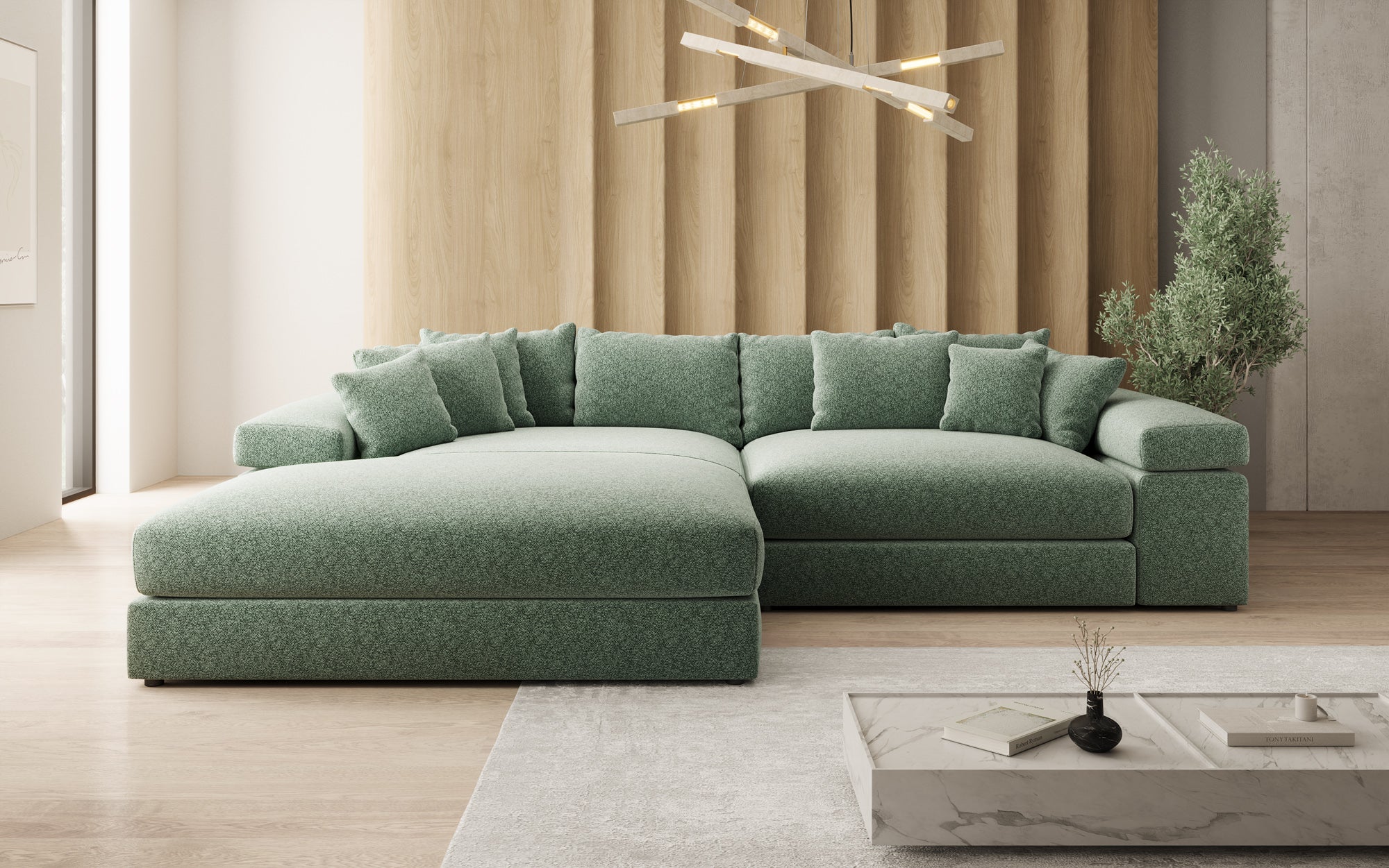 Designer-Sofa Bernardo mat breeder Ottomane aus strukturéiertem Stoff