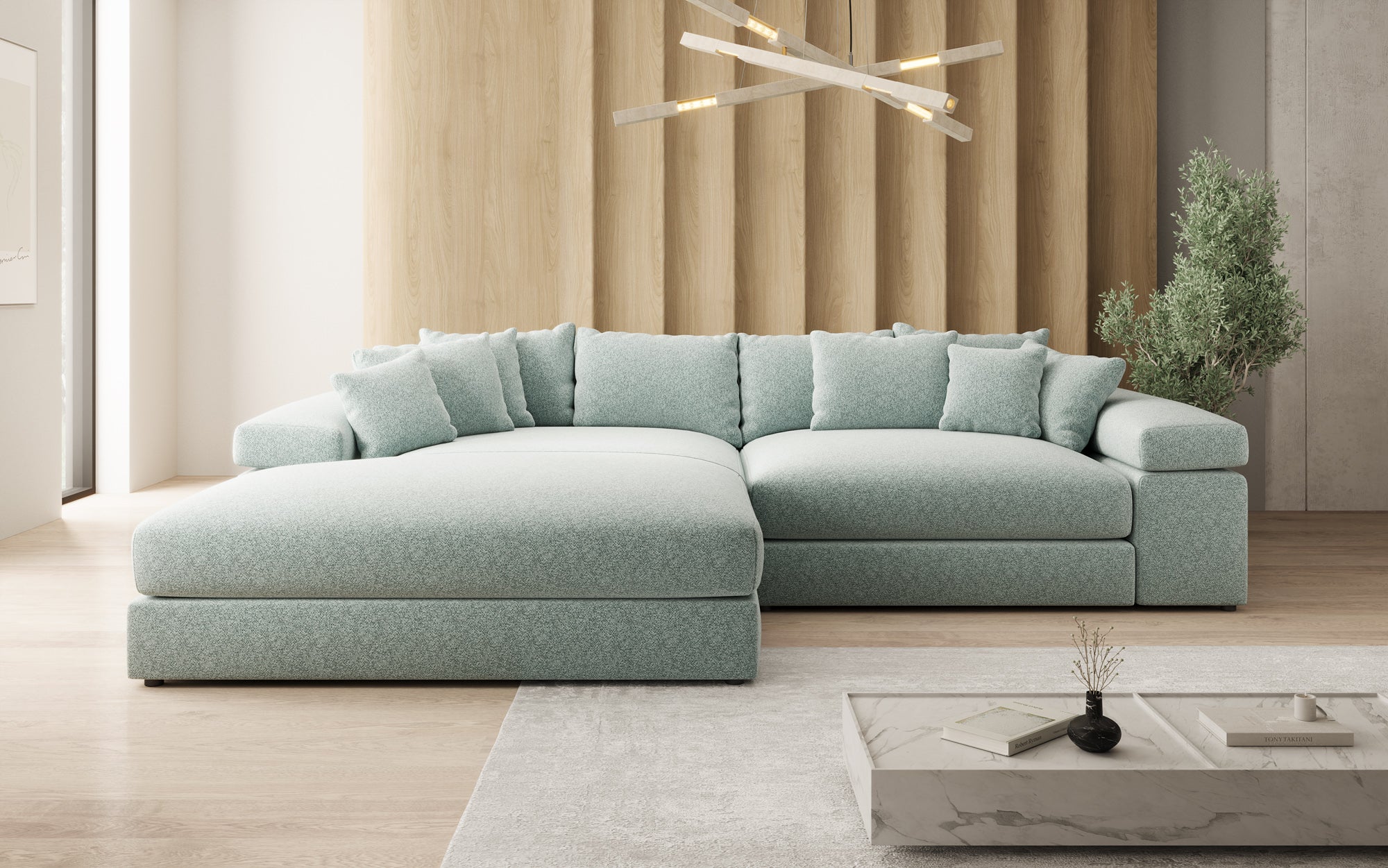 Designer-Sofa Bernardo mat breeder Ottomane aus strukturéiertem Stoff