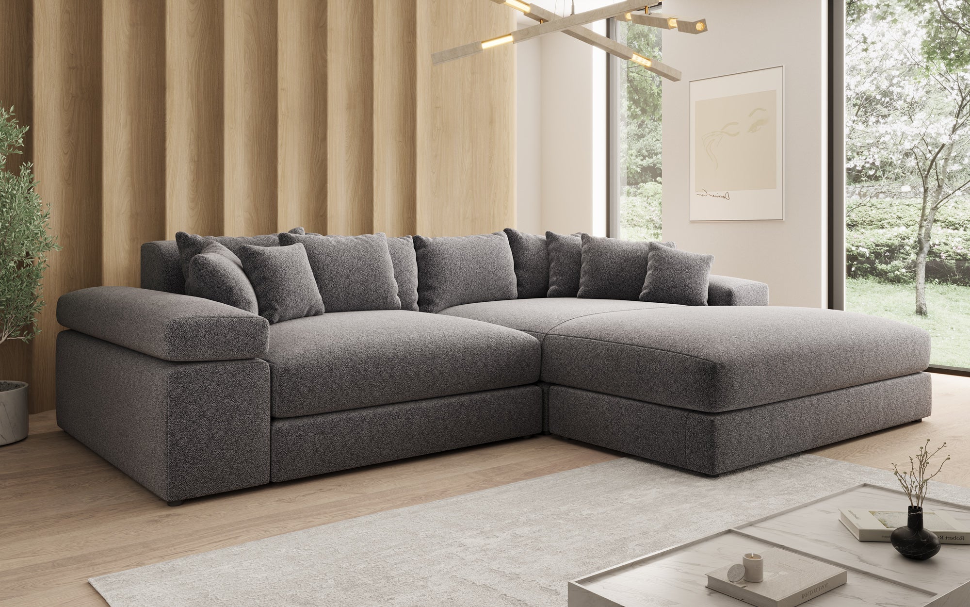 Designer-Sofa Bernardo mat breeder Ottomane aus strukturéiertem Stoff