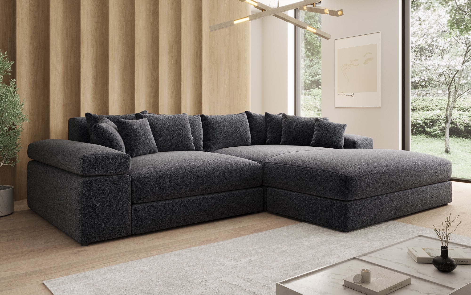 Designer-Sofa Bernardo mat breeder Ottomane aus strukturéiertem Stoff