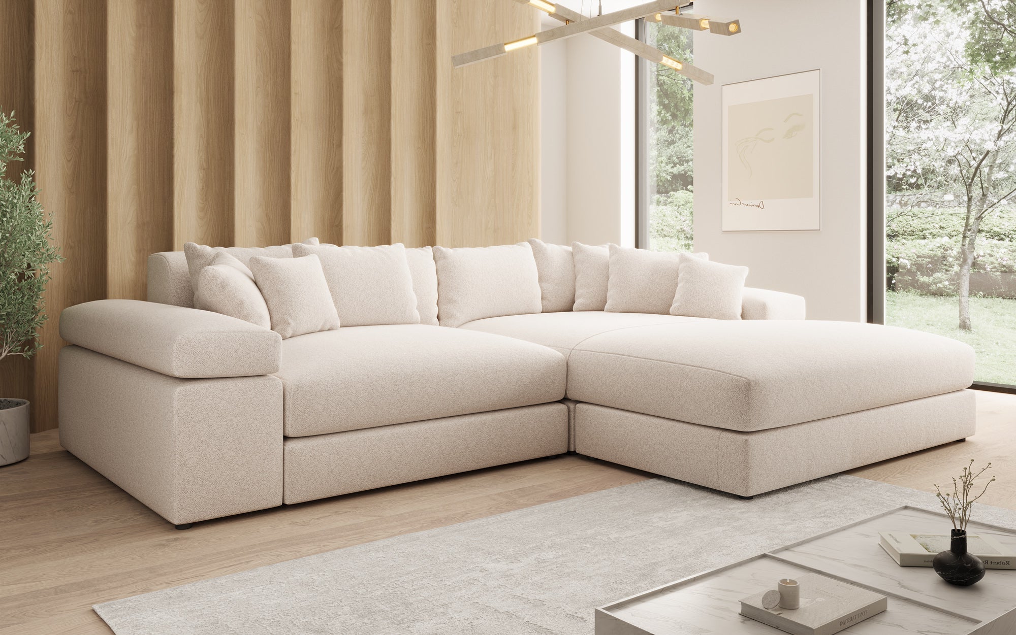 Designer-Sofa Bernardo mat breeder Ottomane aus strukturéiertem Stoff