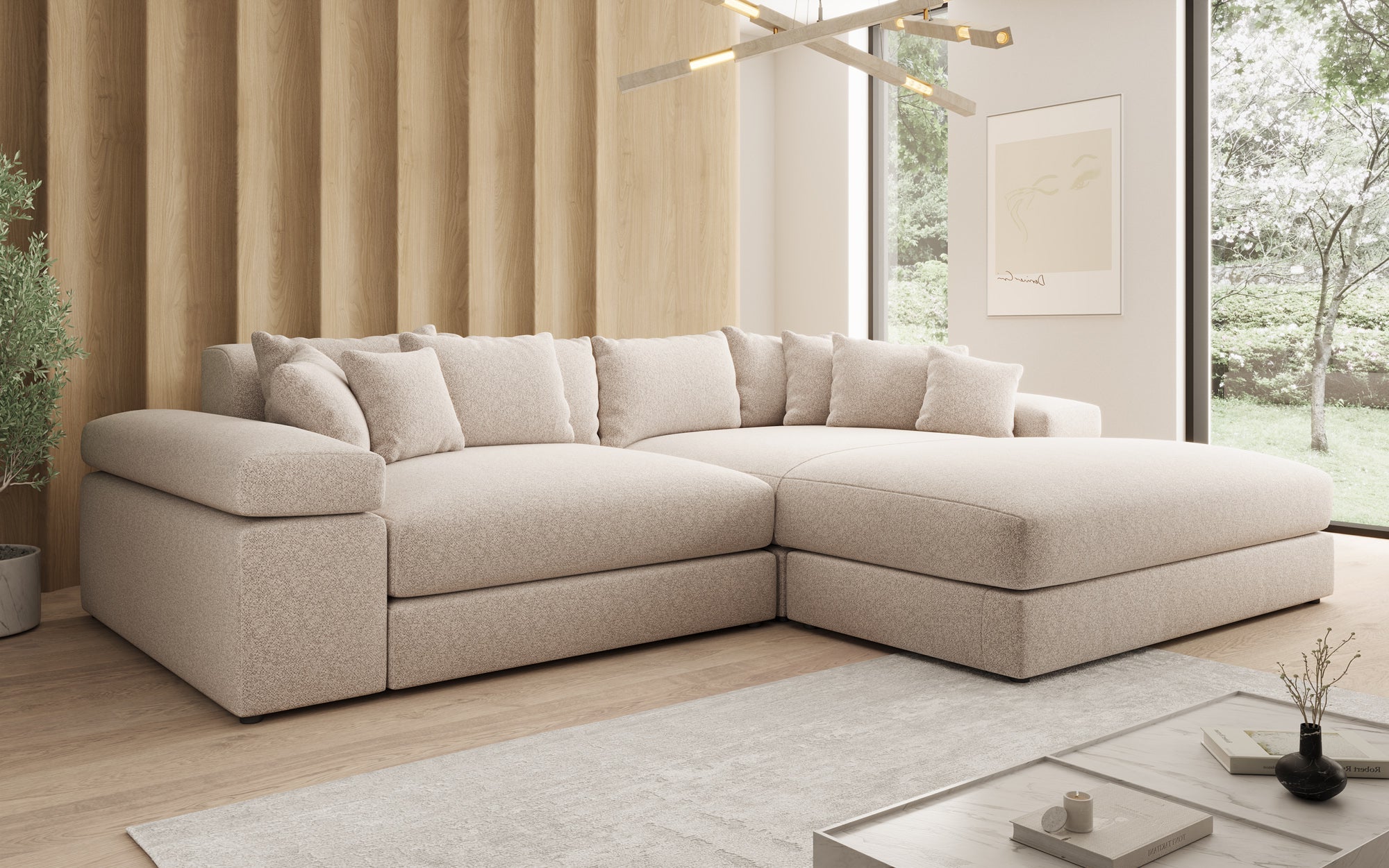 Designer-Sofa Bernardo mat breeder Ottomane aus strukturéiertem Stoff
