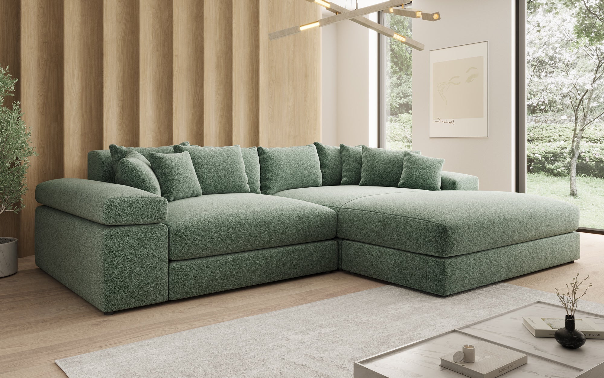 Designer-Sofa Bernardo mat breeder Ottomane aus strukturéiertem Stoff