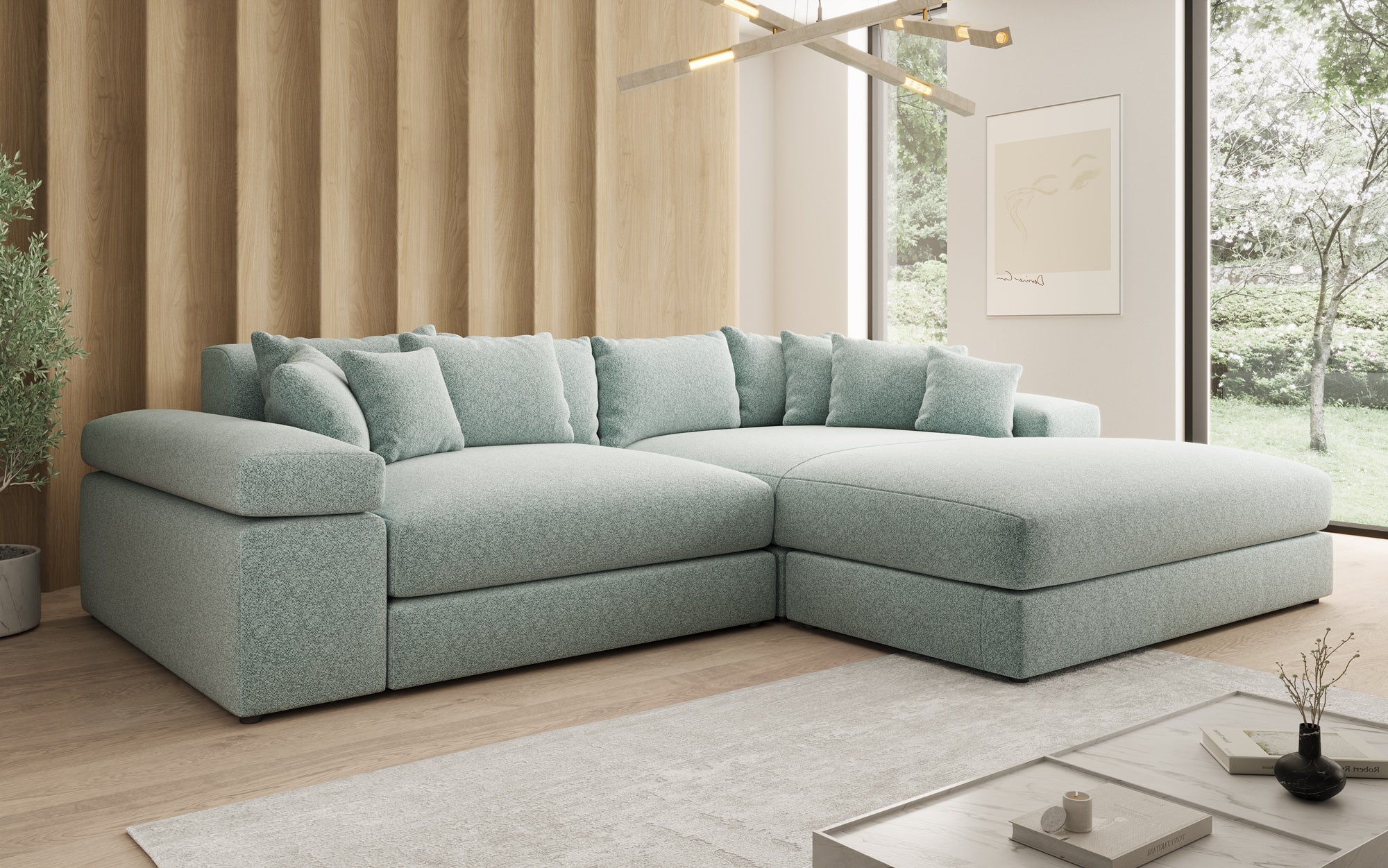 Designer-Sofa Bernardo mat breeder Ottomane aus strukturéiertem Stoff