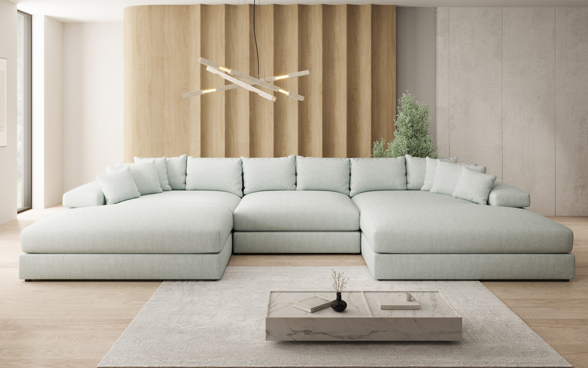 Designer Sofa Bernardo U mit breiter Ottomane in Leinen-Optik