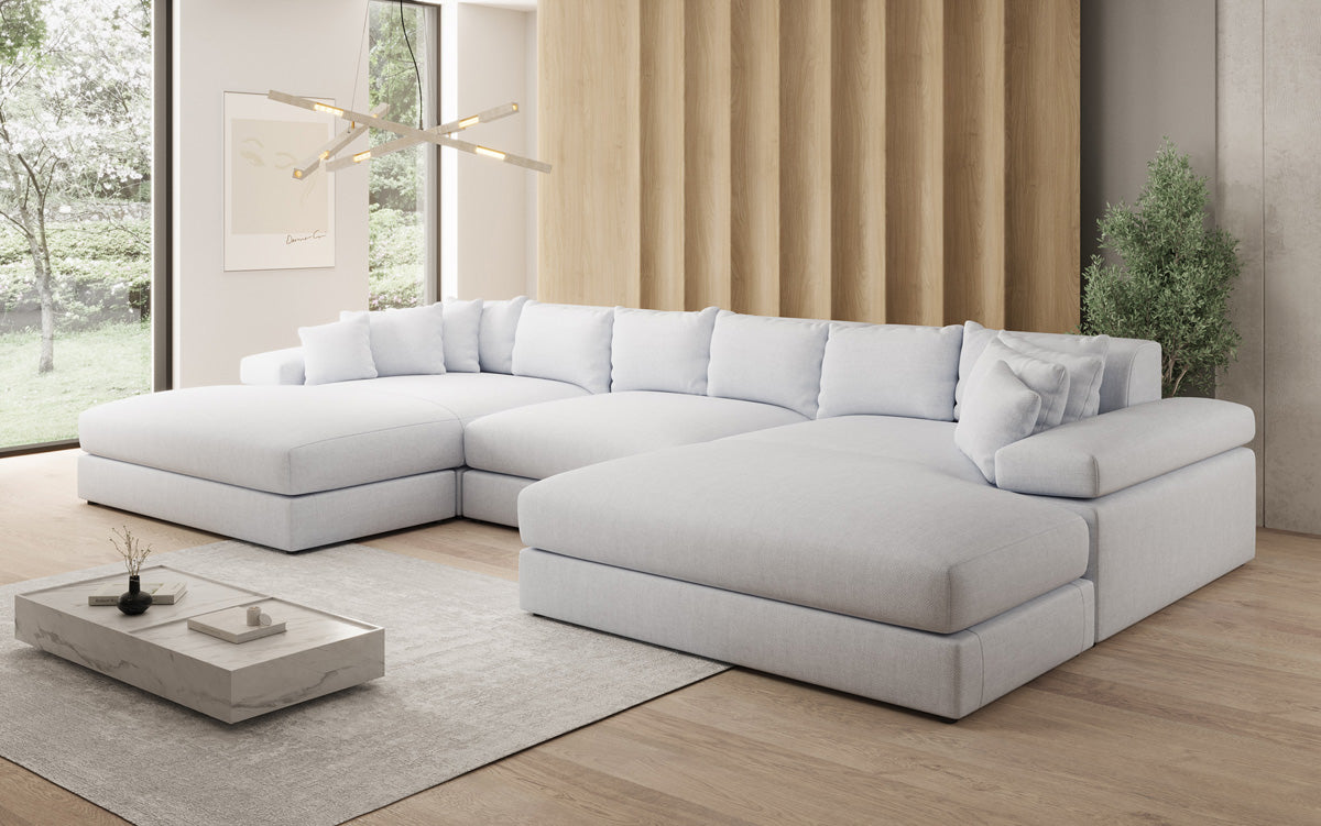 Designer Sofa Bernardo U mit breiter Ottomane in Leinen-Optik