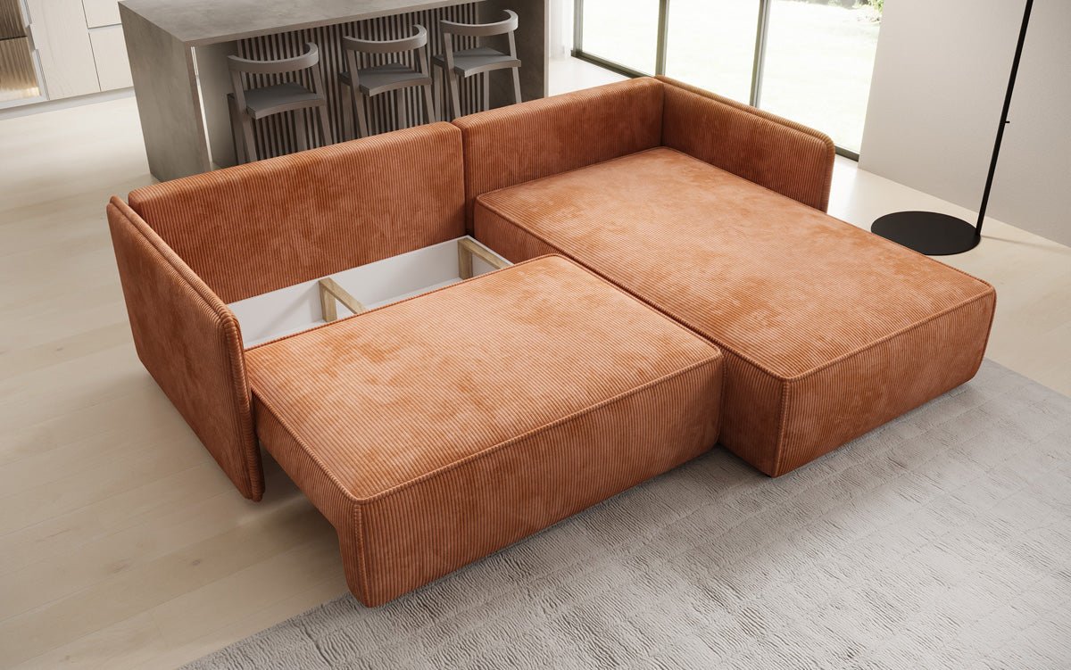 Designer Sofa Marlen mat Schloof- an Zesummeklappfunktioun an Cord