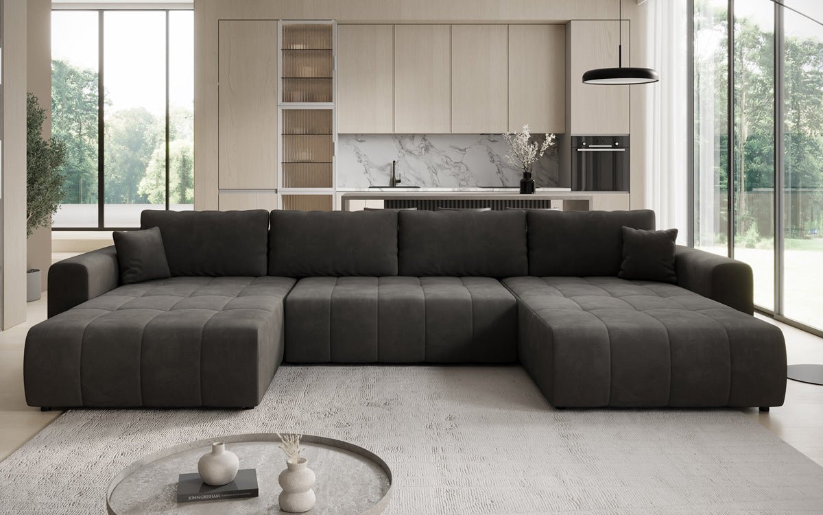 Designer Sofa Leveno U mat Schloof- a Klappfunktioun a Samt