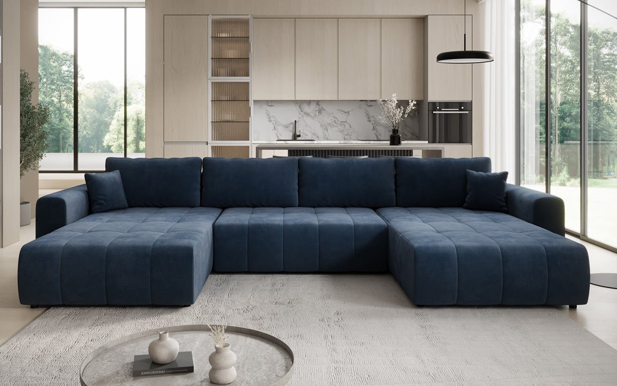 Designer Sofa Leveno U mat Schloof- a Klappfunktioun a Samt