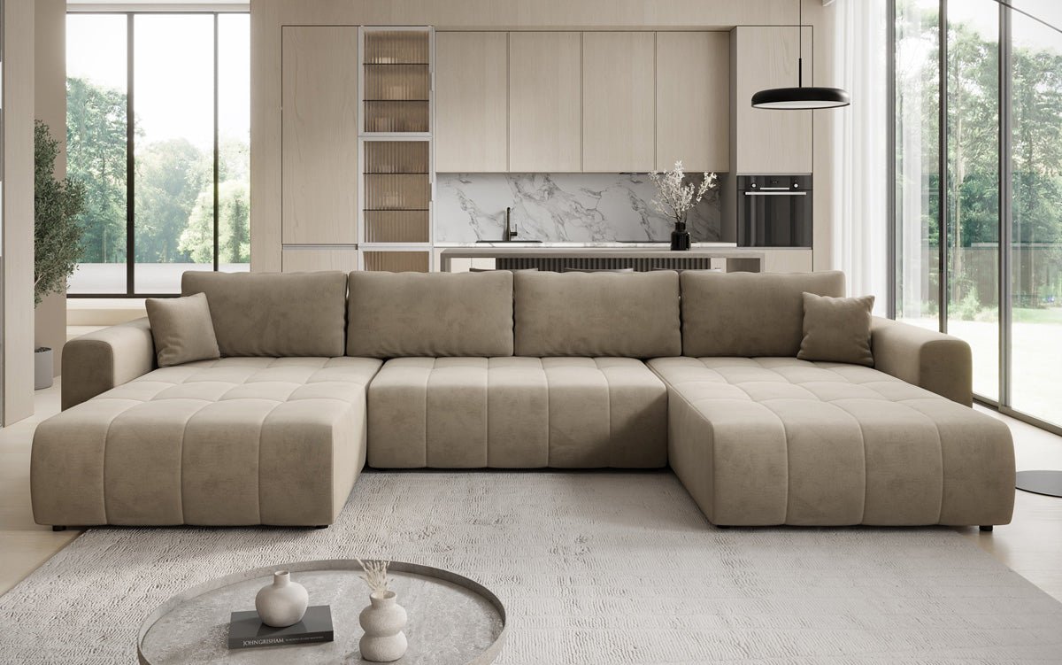 Designer Sofa Leveno U mat Schloof- a Klappfunktioun a Samt