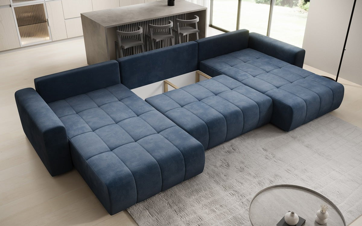 Designer Sofa Leveno U mat Schloof- a Klappfunktioun a Samt