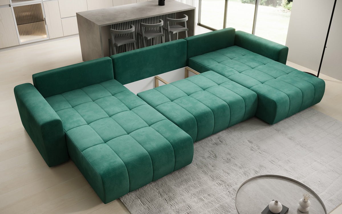 Designer Sofa Leveno U mat Schloof- a Klappfunktioun a Samt