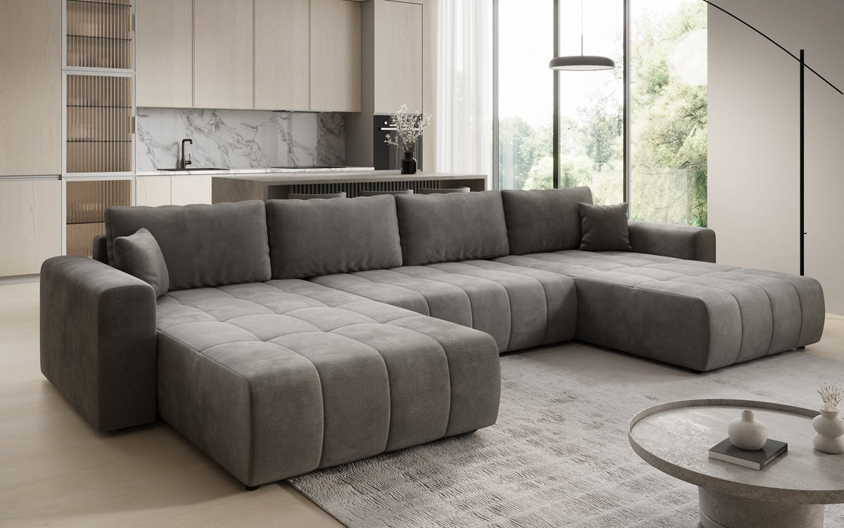 Designer Sofa Leveno U mat Schloof- a Klappfunktioun a Samt