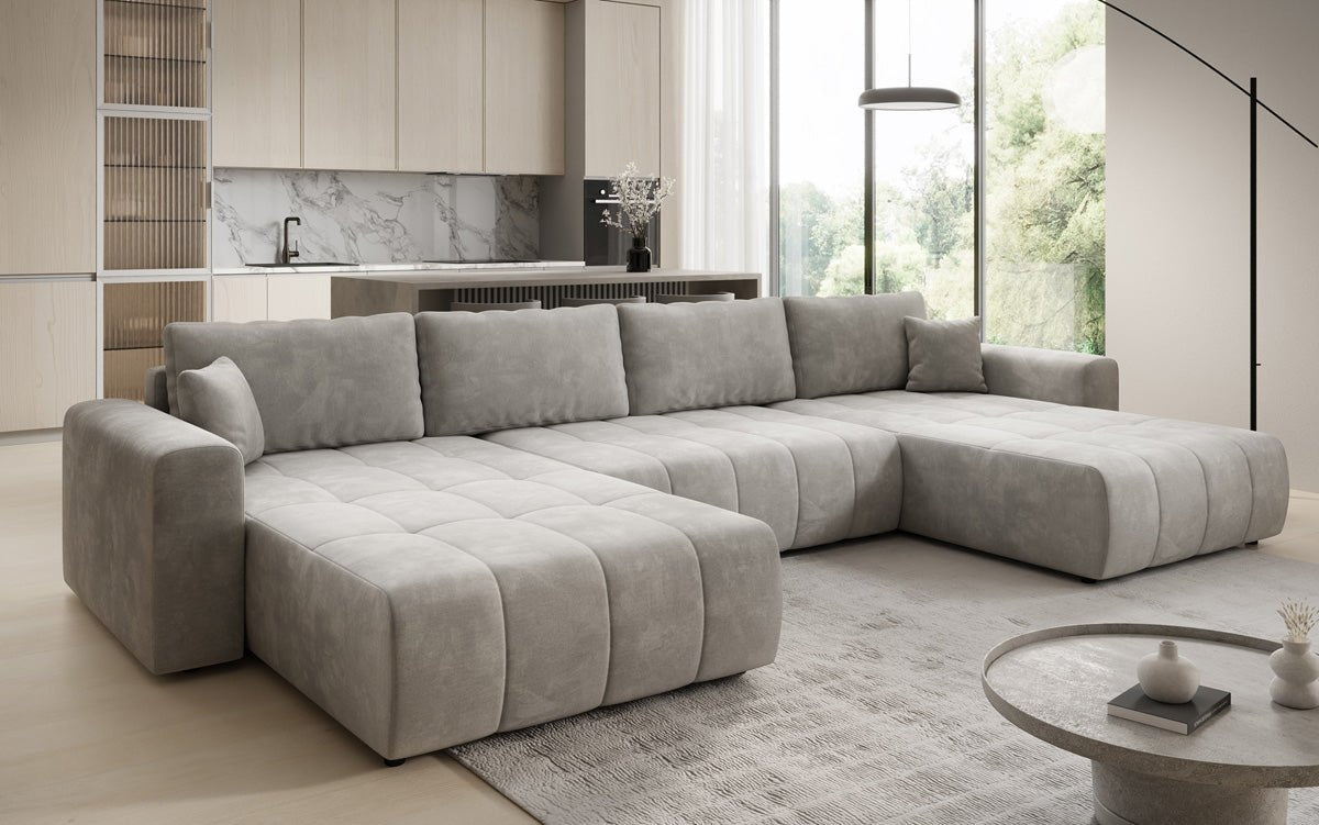 Designer Sofa Leveno U mat Schloof- a Klappfunktioun a Samt