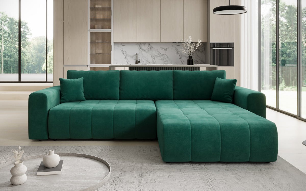 Designer Sofa Leveno L mat Schloof- a Klappfunktioun a Samt