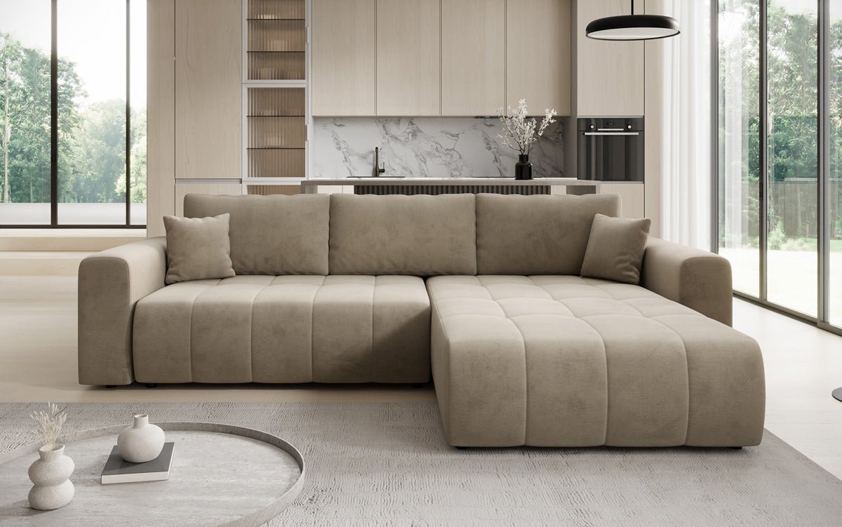 Designer Sofa Leveno L mat Schloof- a Klappfunktioun a Samt