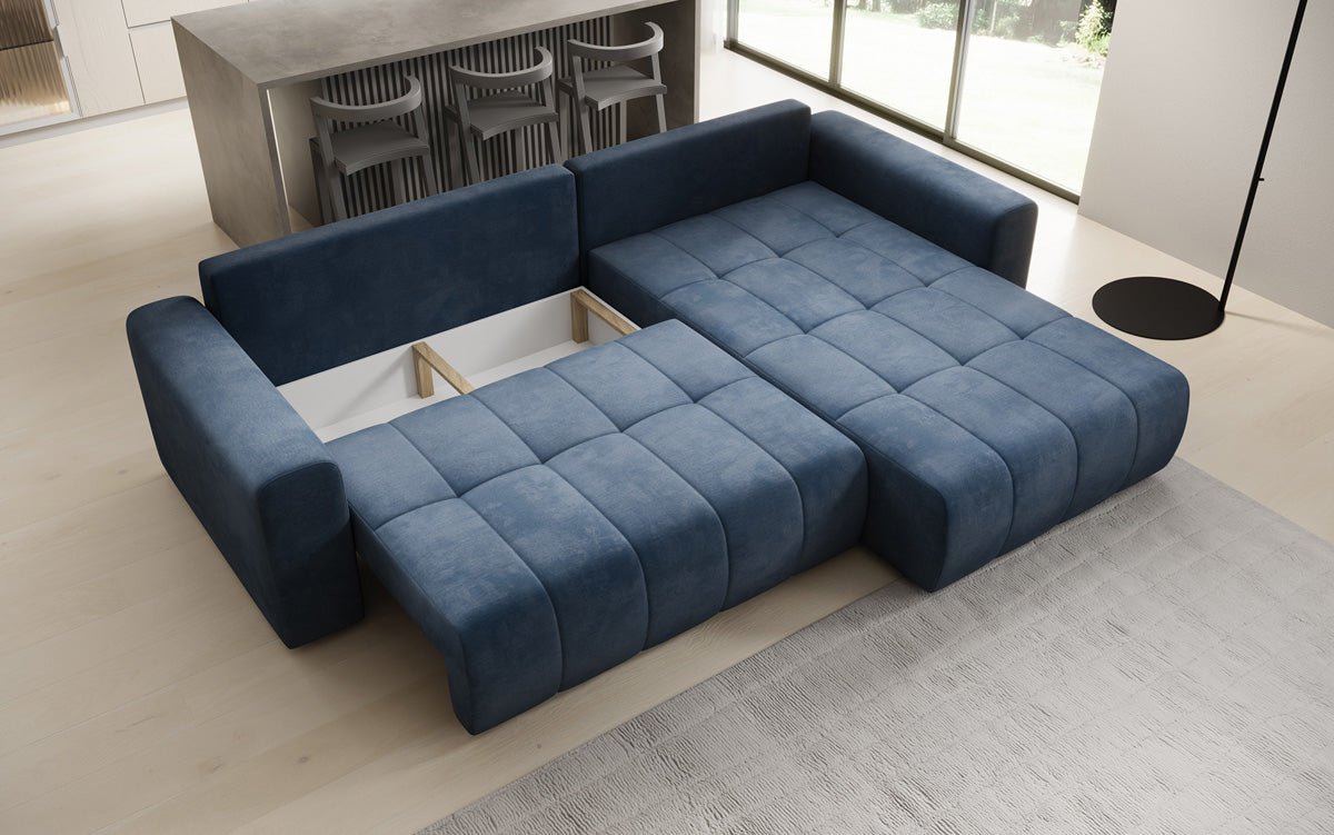 Designer Sofa Leveno L mat Schloof- a Klappfunktioun a Samt