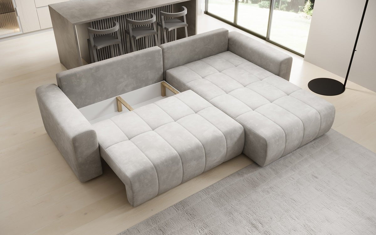 Designer Sofa Leveno L mat Schloof- a Klappfunktioun a Samt
