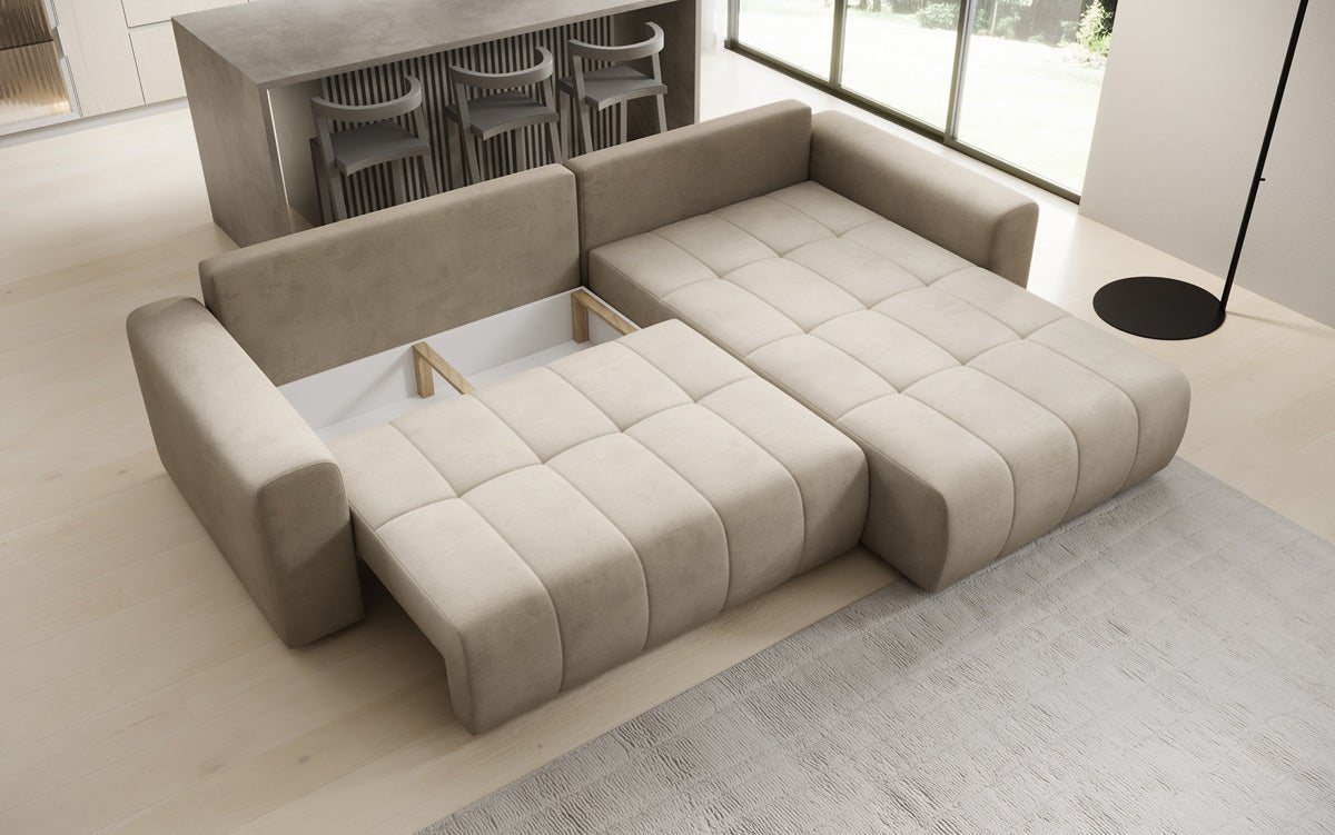 Designer Sofa Leveno L mat Schloof- a Klappfunktioun a Samt