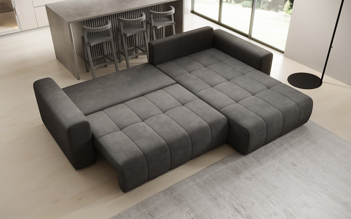 Designer Sofa Leveno L mat Schloof- a Klappfunktioun a Samt