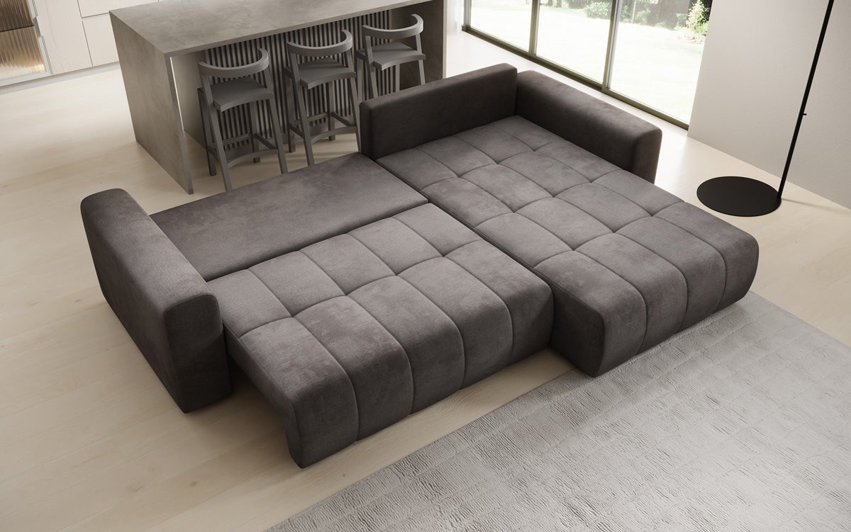 Designer Sofa Leveno L mat Schloof- a Klappfunktioun a Samt