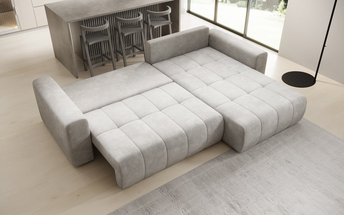 Designer Sofa Leveno L mat Schloof- a Klappfunktioun a Samt