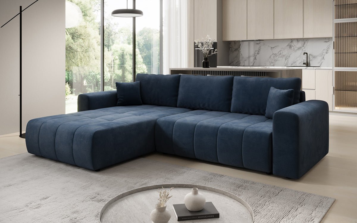 Designer Sofa Leveno L mat Schloof- a Klappfunktioun a Samt