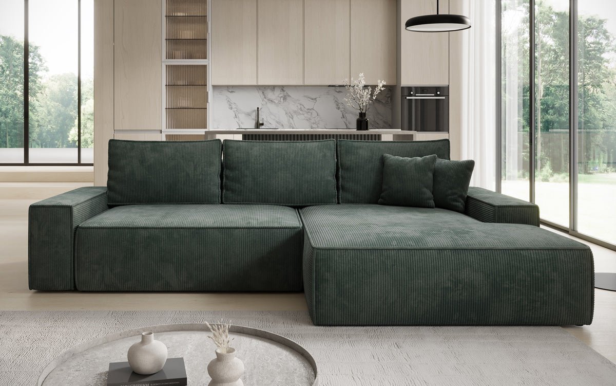Designer-Sofa Verona mat breeder Ottomane mat Schlof- a Klappfunktioun a Cord